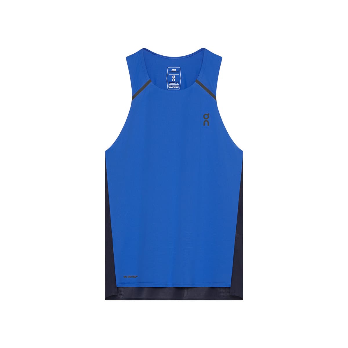 Flat lay of the On Performance Tank in Zaffre Navy showing front logo detail #color_zaffre-navy