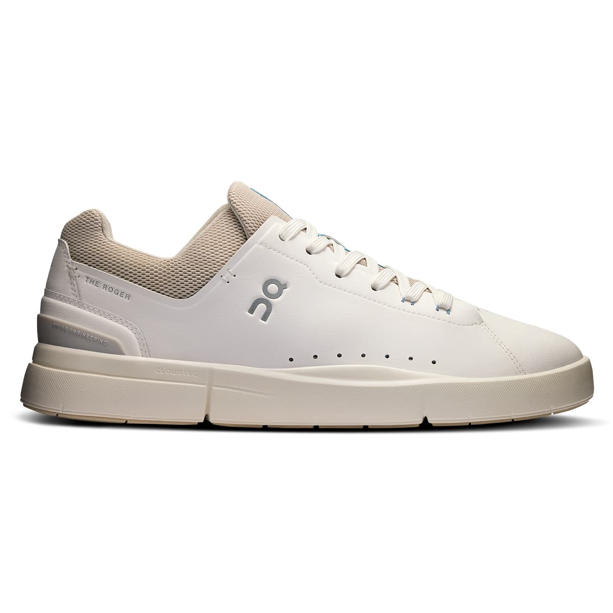 Right side view of the On The Roger Advantage 2 White-Sand men’s running shoe #color_white-sand