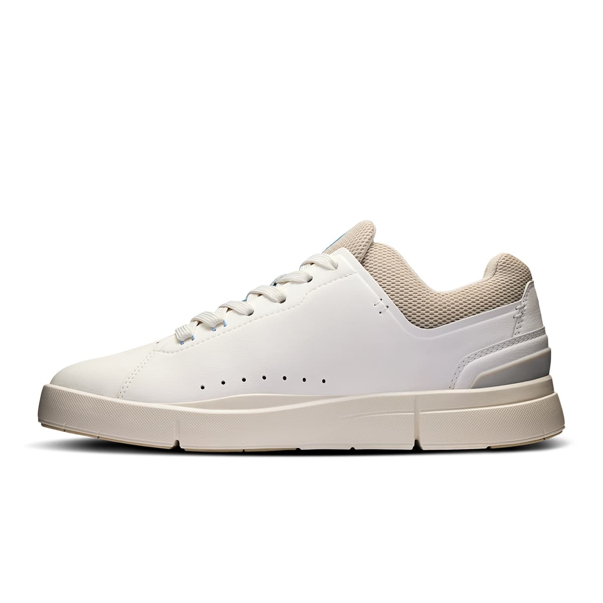 Left side view of the On The Roger Advantage 2 White-Sand men’s running shoe #color_white-sand