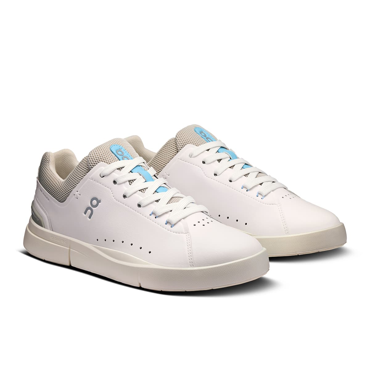 45-degree view of the On The Roger Advantage 2 White-Sand men’s running shoe 