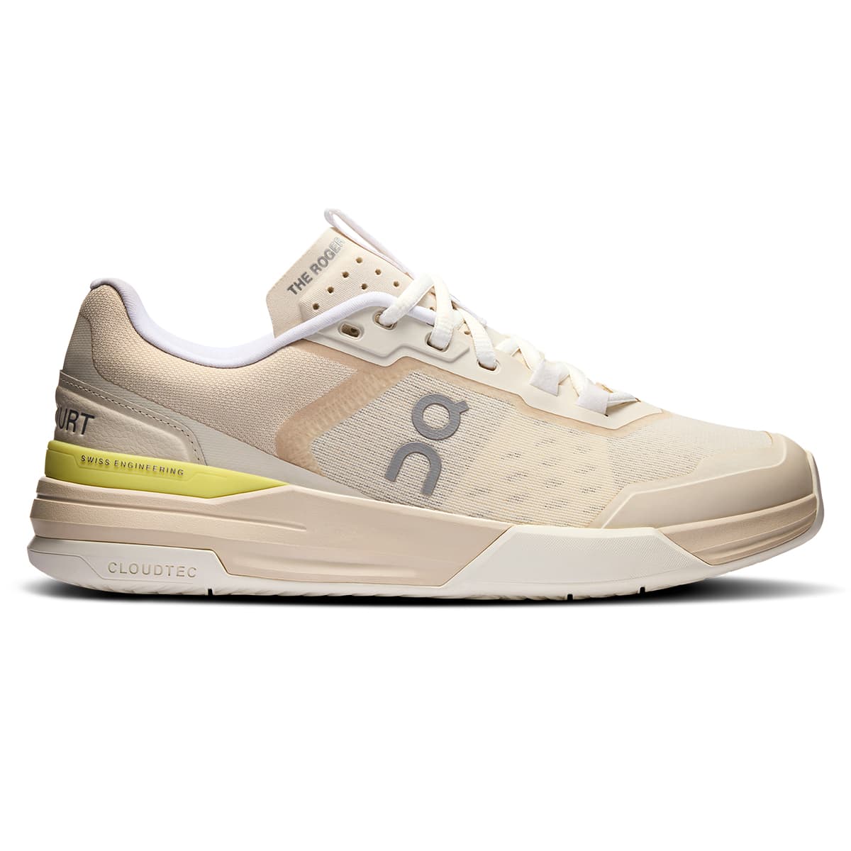 Right side view of the On The Roger Advantage Pro Cream-Limelight women’s running shoe #color_cream-limelight
