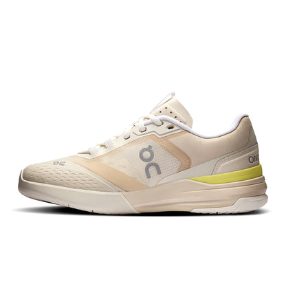 Left side view of the On The Roger Advantage Pro Cream-Limelight women’s running shoe 