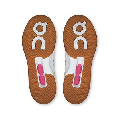 Soles of the On The Roger Advantage Pro Ivory-Malibu men’s running shoes 