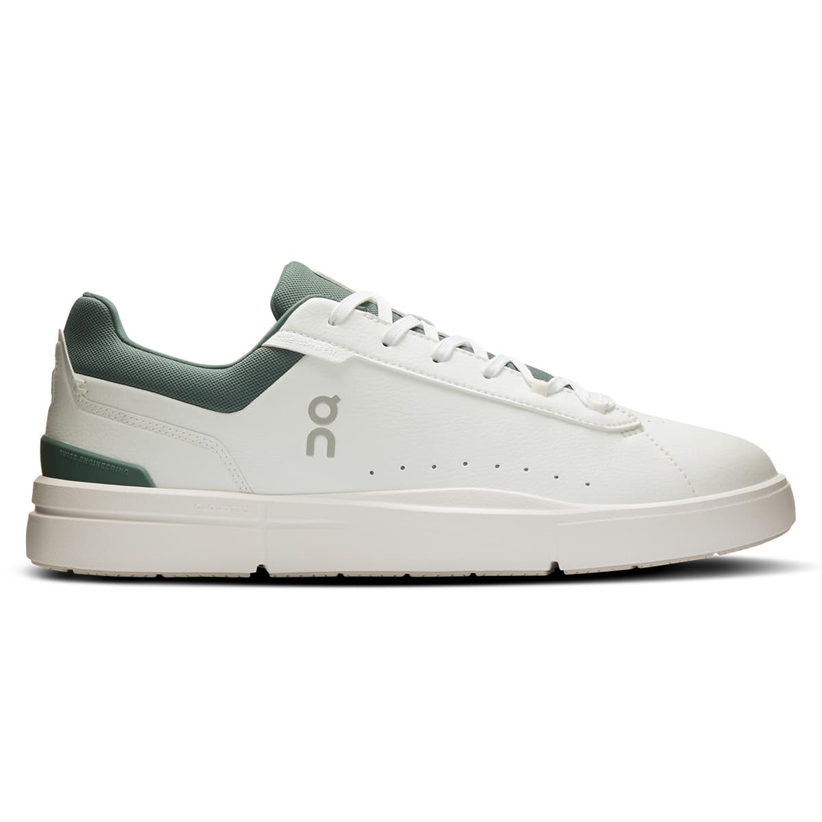 Right side view of the On The Roger Advantage White-Olive men’s running shoe 