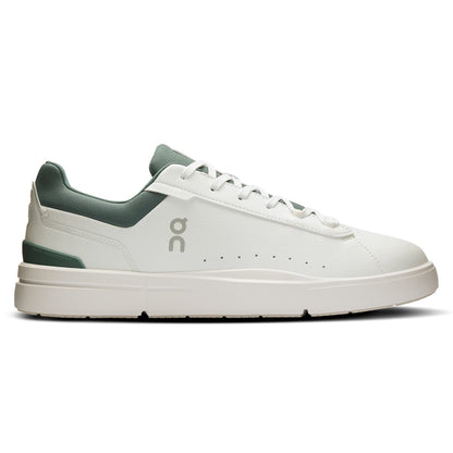 Right side view of the On The Roger Advantage White-Olive men’s running shoe 
