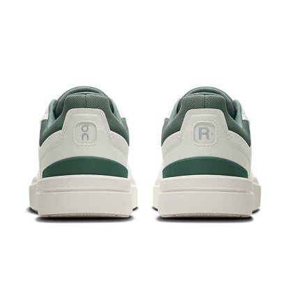 Back view of the On The Roger Advantage White-Olive men’s running shoe 