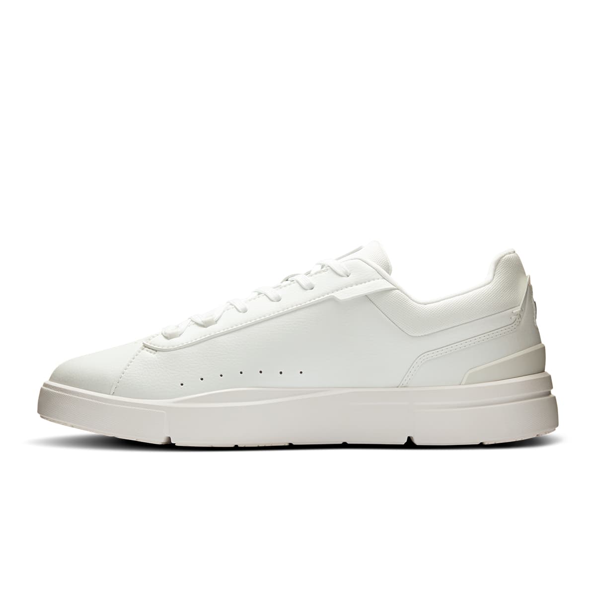 Left side view of the On The Roger Advantage White-White men’s running shoe 