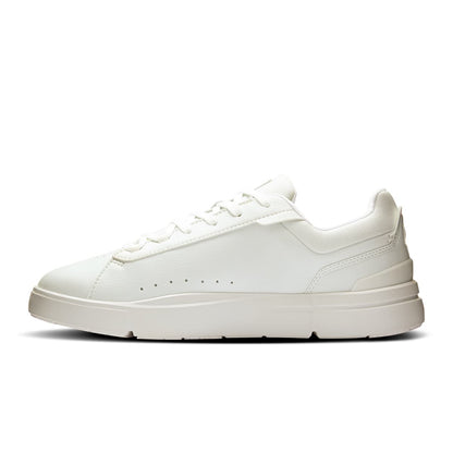 Left side view of the On The Roger Advantage White-White women’s running shoe 