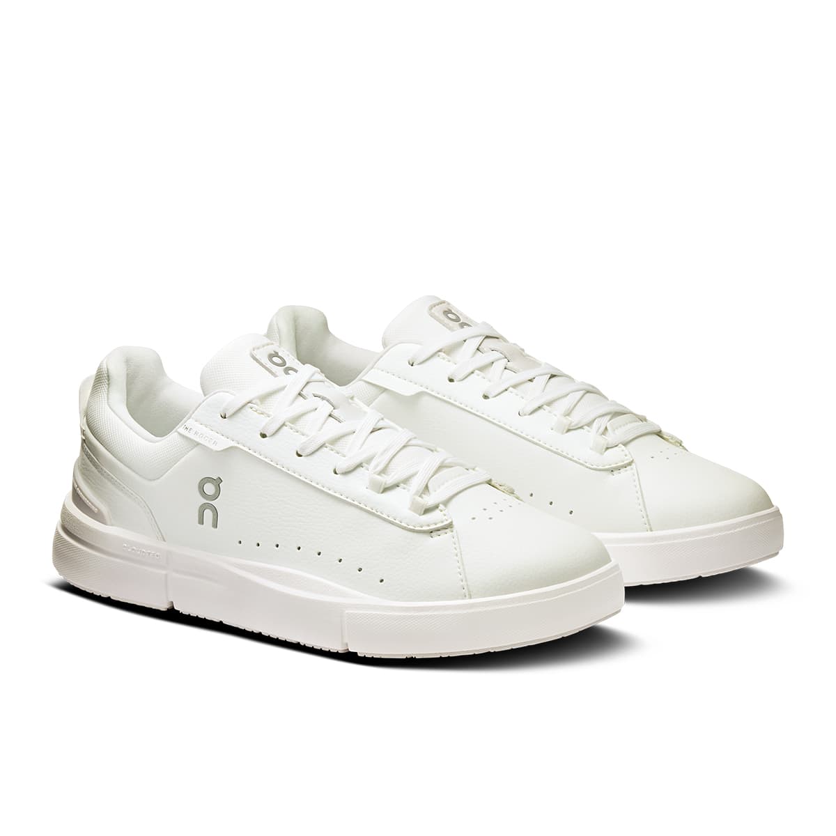 45-degree view of the On The Roger Advantage White-White women’s running shoe 