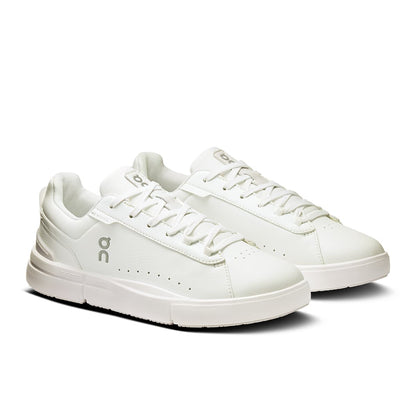45-degree view of the On The Roger Advantage White-White women’s running shoe 