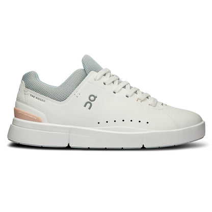 Right side view of the On The Roger Advantage White Rosehip women’s running shoe 