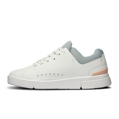 Left side view of the On The Roger Advantage White Rosehip women’s running shoe 