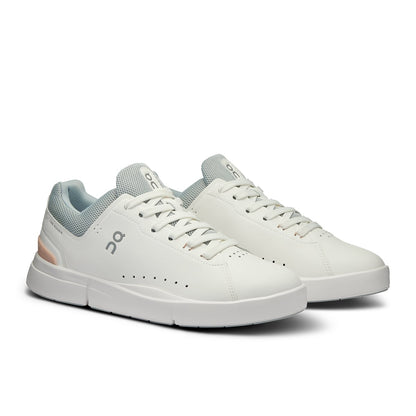 45-degree view of the On The Roger Advantage White Rosehip women’s running shoe 