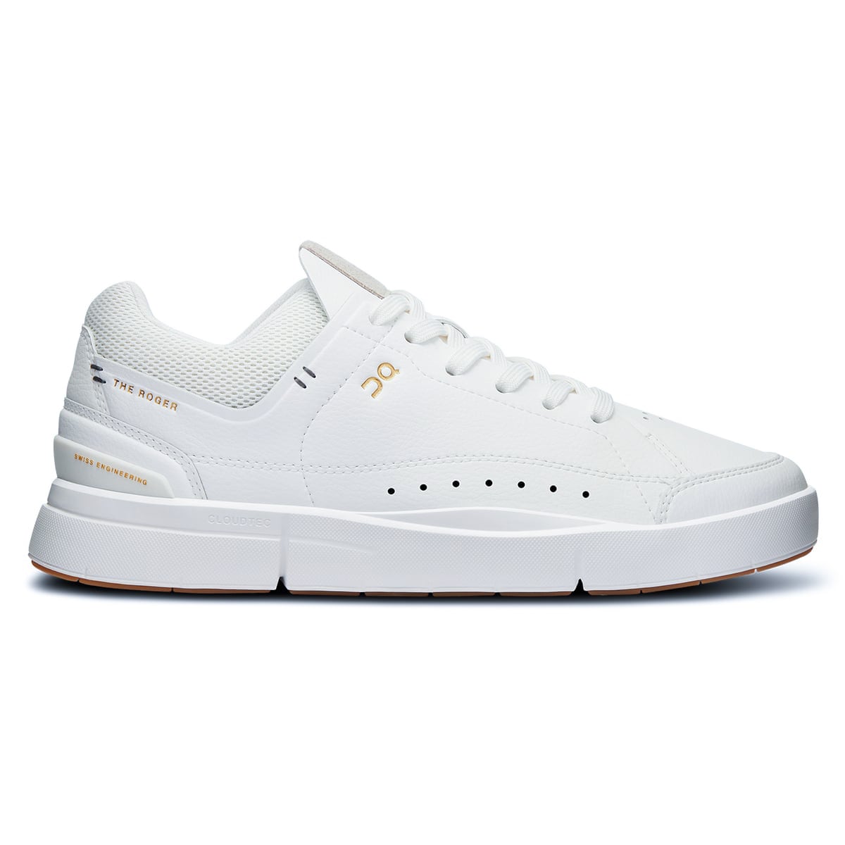 Right side view of the On The Roger Centre Court White-Gum women’s running shoe #color_white-gum