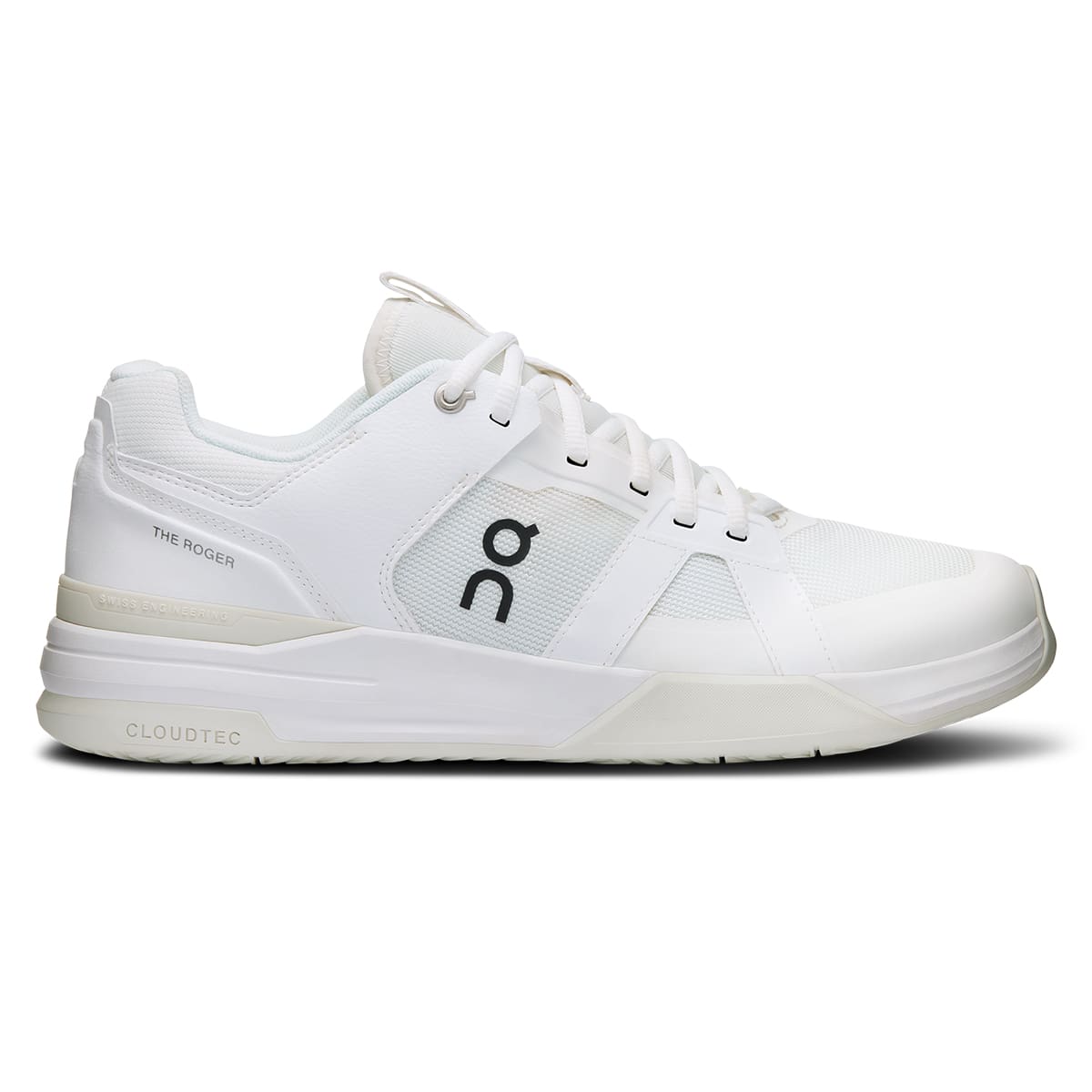 Right side view of the On The Roger Clubhouse Pro White Ice men’s running shoe #color_white-ice