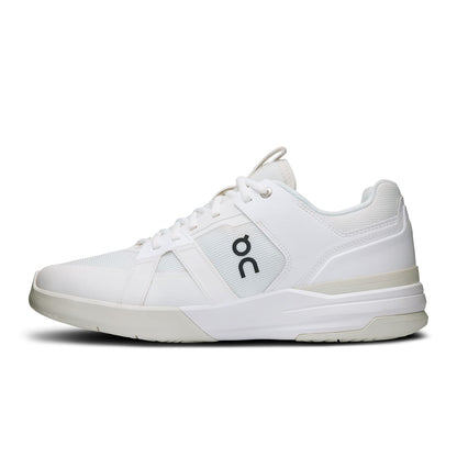 Left side view of the On The Roger Clubhouse Pro White Ice men’s running shoe 