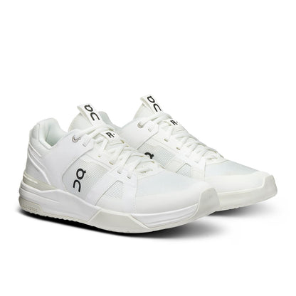 45-degree view of the On The Roger Clubhouse Pro White Ice men’s running shoe 