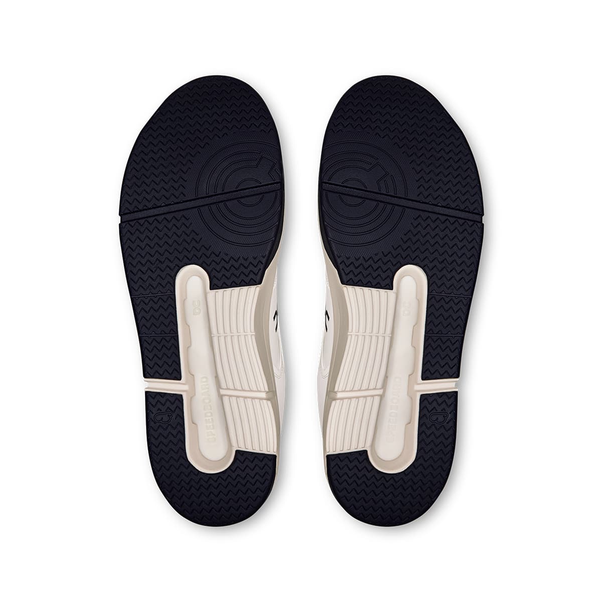 Soles of the On The Roger Clubhouse White Midnight men’s running shoes #color_white-midnight