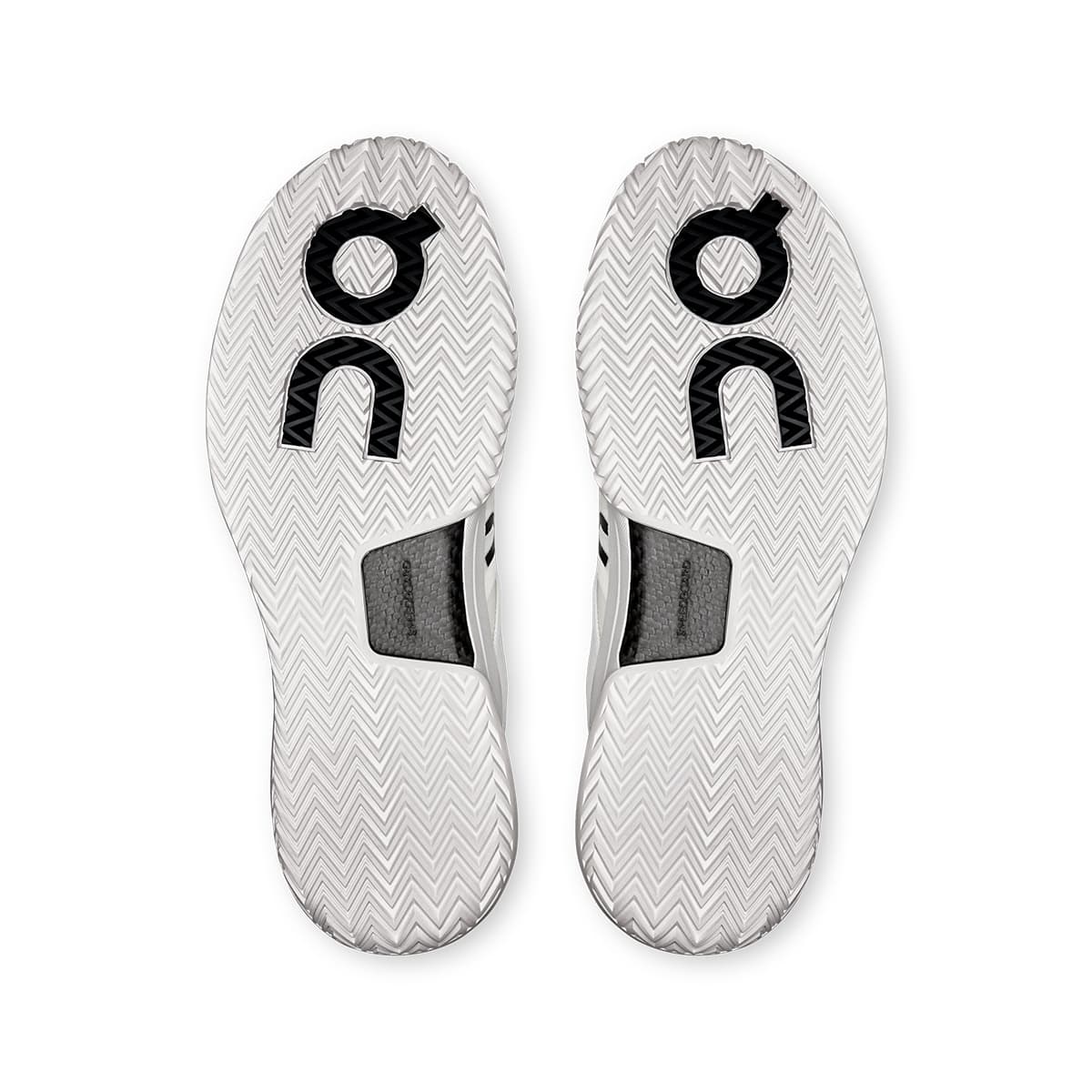 Soles of the On The Roger Pro 2 All White men’s running shoes #color_all-white