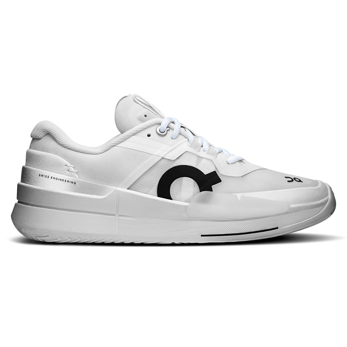 Right side view of the On The Roger Pro 2 All White women’s running shoe #color_all-white