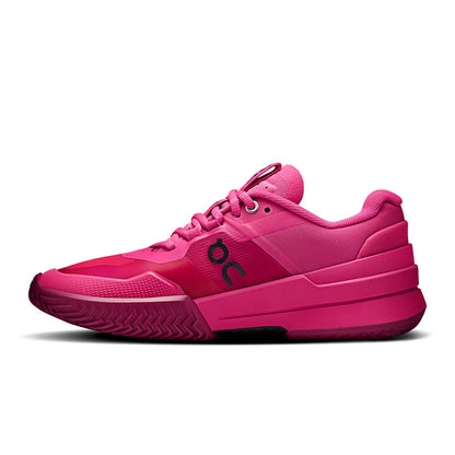 Left side view of the On The Roger Pro 2 Pink Grenadine women’s tennis shoe 
