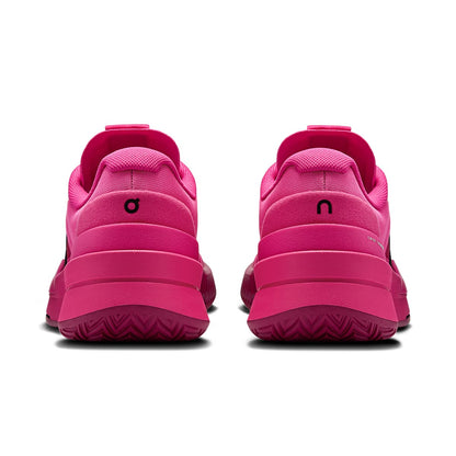 Rear heel view of the On The Roger Pro 2 Pink Grenadine women’s tennis shoe 
