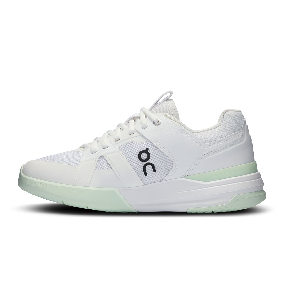 Left side view of the On The Roger Pro White Lima women’s running shoe #color_white-lima