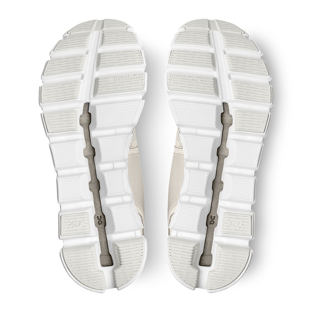 Soles of the On Cloud 5 Pearl White women's running shoes 