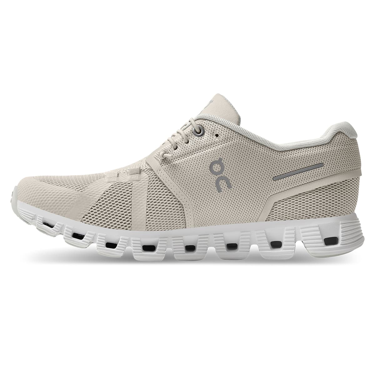 Left side view of the On Cloud 5 Pearl White women's running shoe 