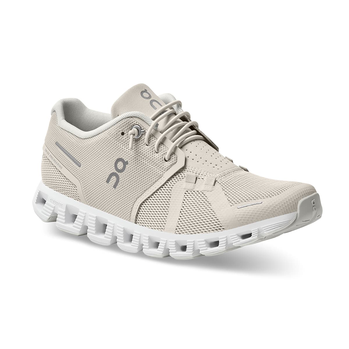 45-degree view of the On Cloud 5 Pearl White women's running shoe 