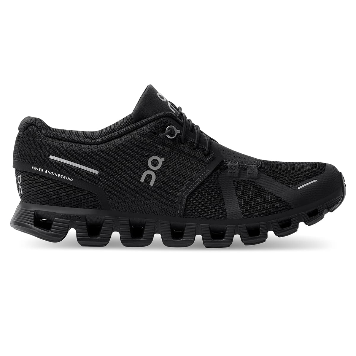 Right side view of the On Cloud 5 All Black women's running shoe 