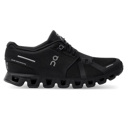 Right side view of the On Cloud 5 All Black women's running shoe 