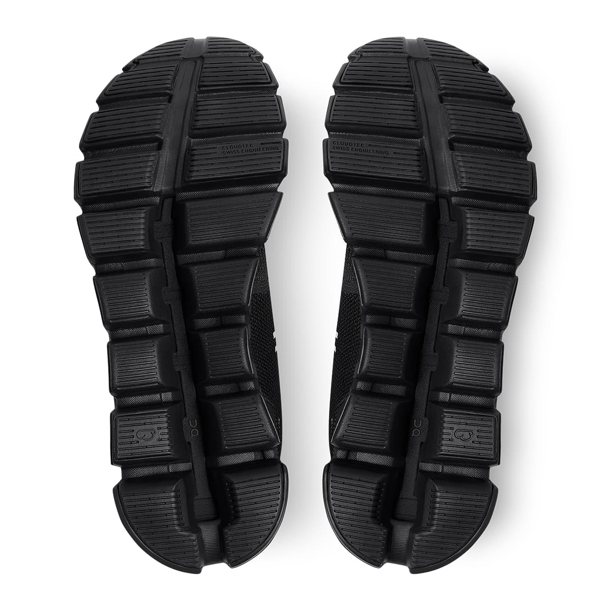 Soles of the On Cloud 5 All Black women's running shoes 