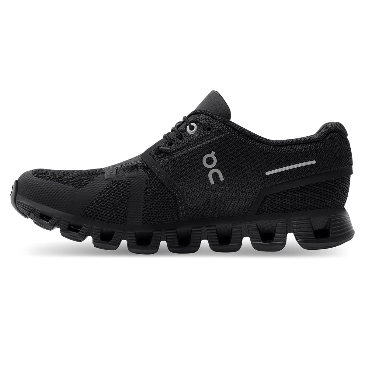 Left side view of the On Cloud 5 All Black women's running shoe 