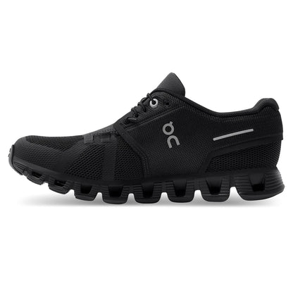 Left side view of the On Cloud 5 All Black women's running shoe 