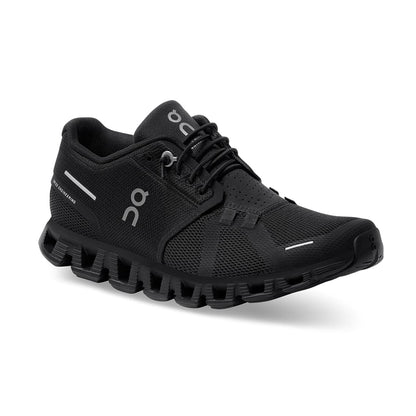 45-degree view of the On Cloud 5 All Black women's running shoe 