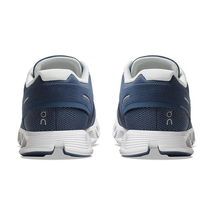 Back view of the On Cloud 5 Denim White women's running shoe 