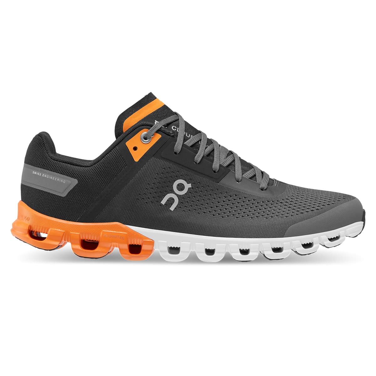 Right side view of the On Cloudflow Black-Tumeric men’s running shoe #color_black-turmeric
