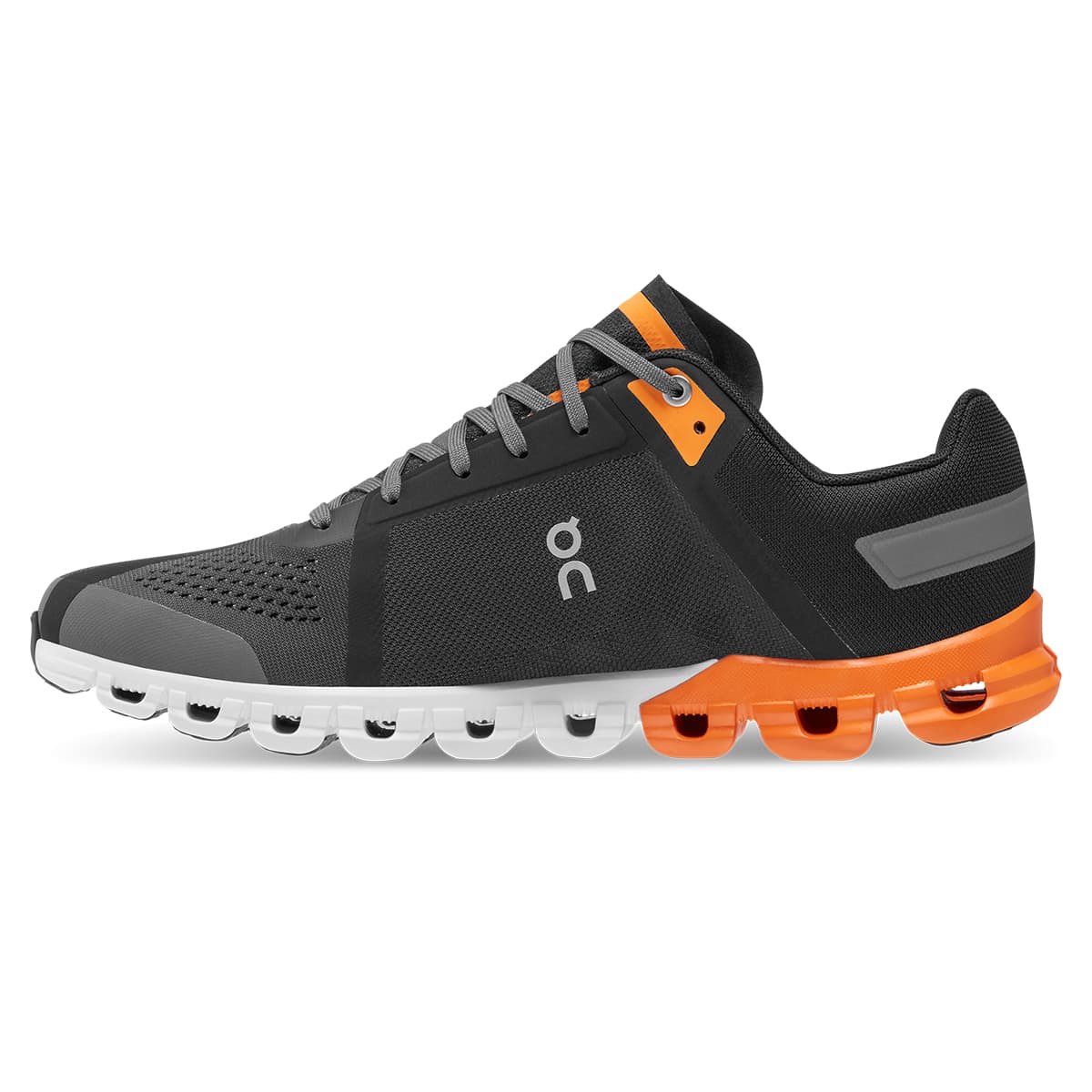 Left side view of the On Cloudflow Black-Tumeric men’s running shoe #color_black-turmeric