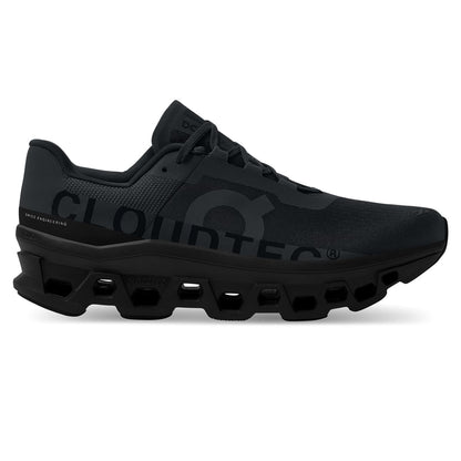 Right side view of the On Cloudmonster All Black men's running shoe 