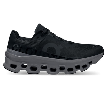 Right side view of the On Cloudmonster Black Magnet women's running shoe 