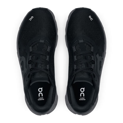 Top view of the On Cloudmonster Black Magnet women's running shoes 