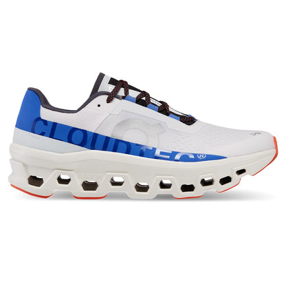 Right side view of the On Cloudmonster Frost Cobalt men's running shoe 