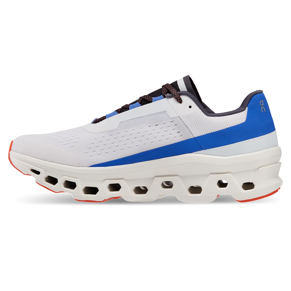 Left side view of the On Cloudmonster Frost Cobalt men's running shoe 