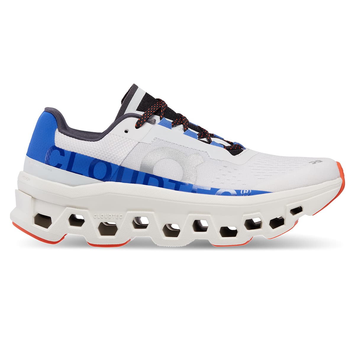 Right side view of the On Cloudmonster Frost Cobalt women's running shoe 