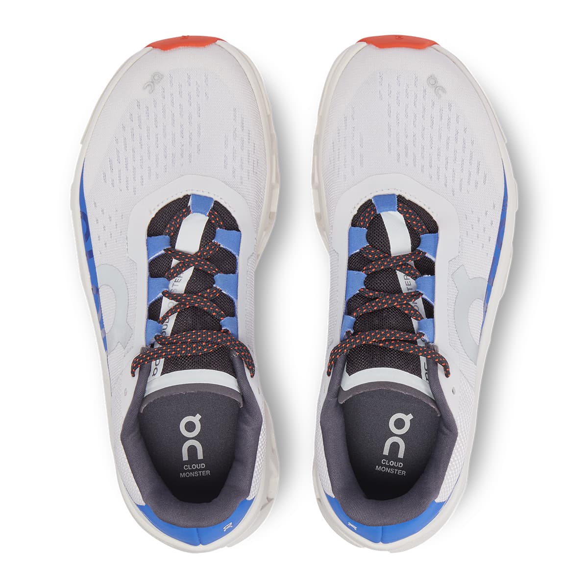 Top view of the On Cloudmonster Frost Cobalt women's running shoes 