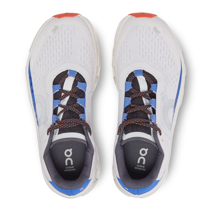 Top view of the On Cloudmonster Frost Cobalt women's running shoes 