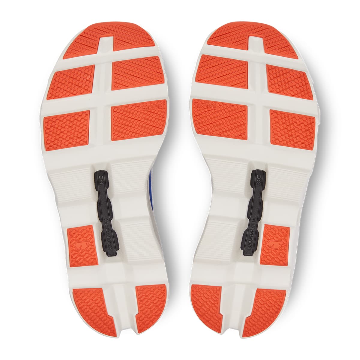 Soles of the On Cloudmonster Frost Cobalt women's running shoes 