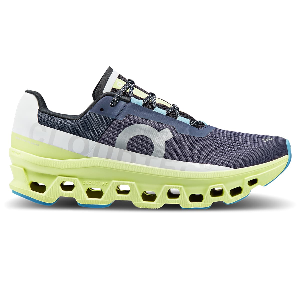 Right side view of the On Cloudmonster Iron Hay men's running shoe 