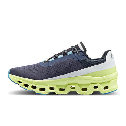 Left side view of the On Cloudmonster Iron Hay men's running shoe 